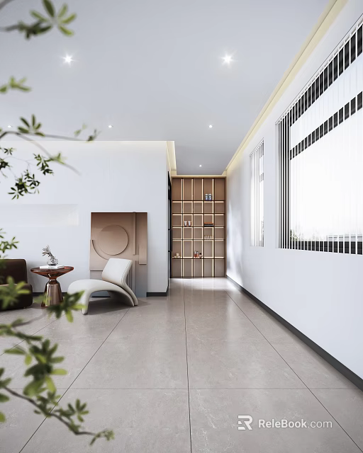 Modern Bright Interior Space With Stylish Wooden Display Shelves And Natural Light 3d model 