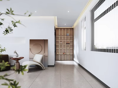 Modern Bright Interior Space With Stylish Wooden Display Shelves And Natural Light 3d model