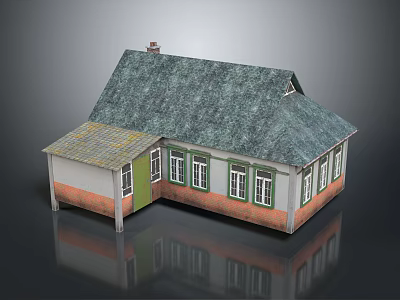 Single Family Detached House With Green Roof White And Orange Walls Multiple Windows And Chimney 3d model