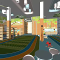 Kindergarten Play Space With Green Leaf Decor Wooden Walls Colorful Floor And Counter Stools