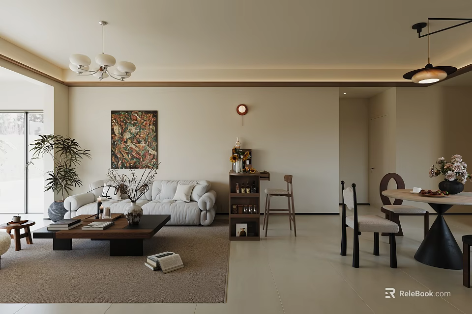 Living And Dining Room Interior With White Sofa Coffee Table Dining Table And Decorative Elements 3d model 