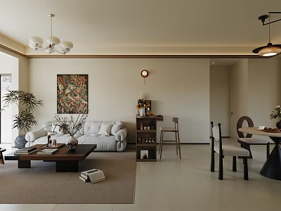 Living And Dining Room Interior With White Sofa Coffee Table Dining Table And Decorative Elements 3d model