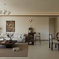 Living And Dining Room Interior With White Sofa Coffee Table Dining Table And Decorative Elements