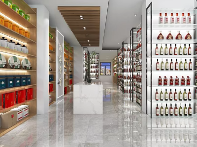 Liquor Store Interior with Neatly Arranged Shelves Displaying Various Wines and Beverages 3d model