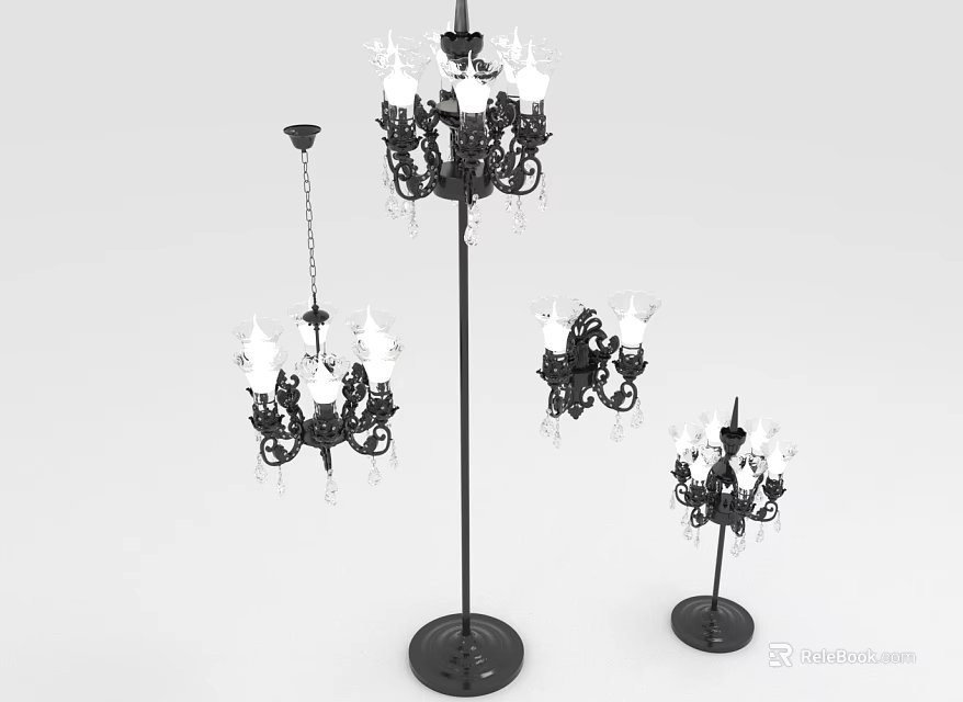 Classic Black Lighting Fixture Set With Crystal Accents Chandelier Floor And Table Lamps 3d model 