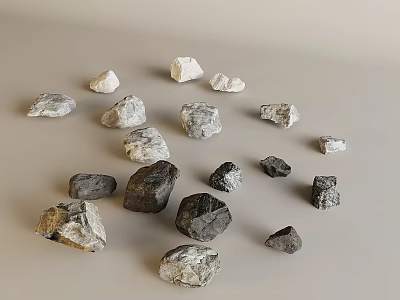 Various Sizes And Colors Of Stones And Wood Scattered On Light Background 3d model