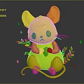 Pink Little Mouse Holding Yellow Fruit Surrounded by Golden Wheat Ears and Sparkling Star Decorations