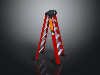 Sturdy Red Ladder With Black Top And Silver Steps For Household Use 3d model
