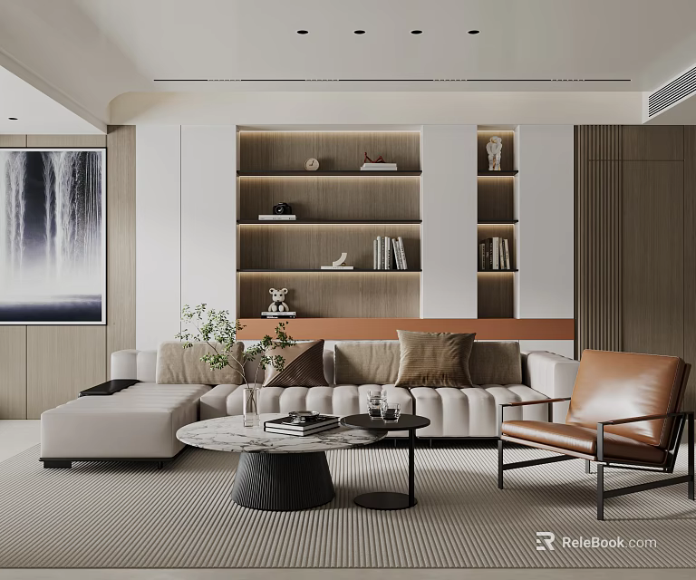Modern Living Room Interior With Beige Sofa Brown Armchair Round Coffee Table And Decorative Bookshelf 3d model 