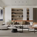 Modern Living Room Interior With Beige Sofa Brown Armchair Round Coffee Table And Decorative Bookshelf