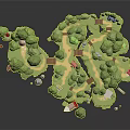 Enchanting Cartoon Scene with Green Trees Winding Paths Red Mushrooms Small House Boat Archway
