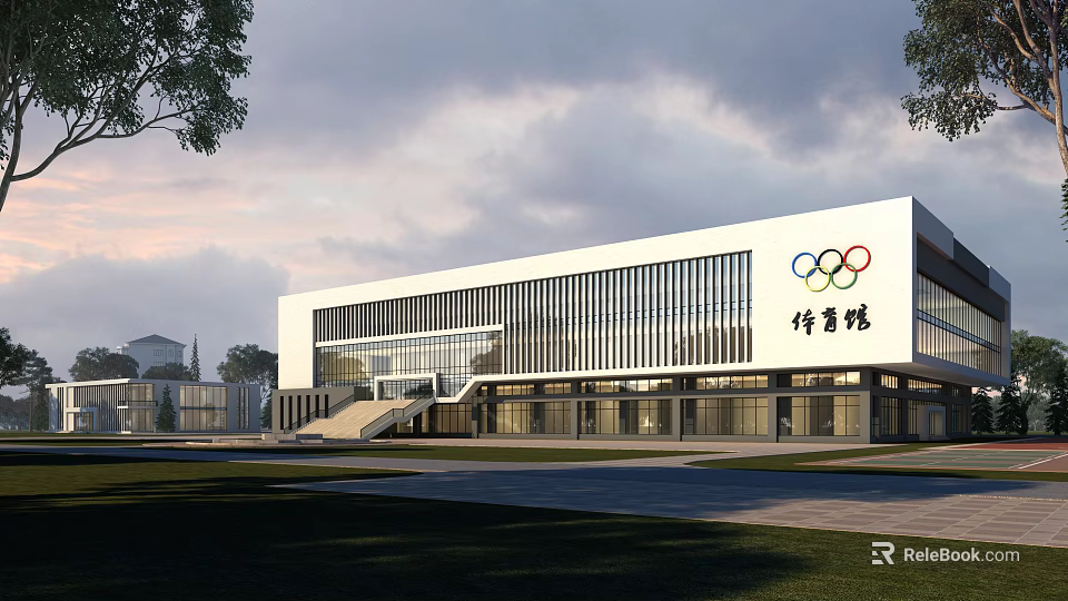 Modern White Sports Gymnasium With Olympic Rings Logo Glass Windows And Grass Area 3d model 