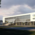 Modern White Sports Gymnasium With Olympic Rings Logo Glass Windows And Grass Area