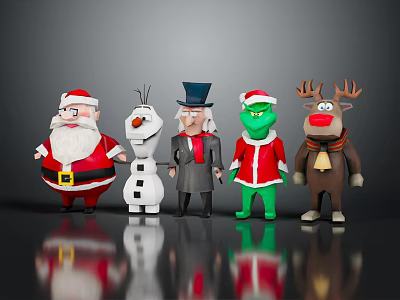 Festive Santa Snowman Top Hat Man Green Character And Reindeer Collectible Figurines 3d model