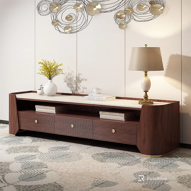 Walnut Wood TV Stand With White Top Drawers Table Lamp And Decorative Vase 3d model 