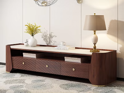 Walnut Wood TV Stand With White Top Drawers Table Lamp And Decorative Vase 3d model