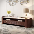Walnut Wood TV Stand With White Top Drawers Table Lamp And Decorative Vase
