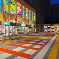 Vibrant Illuminated Commercial Street With Shops Pedestrians Colorful Pavement And Decorative Plaza
