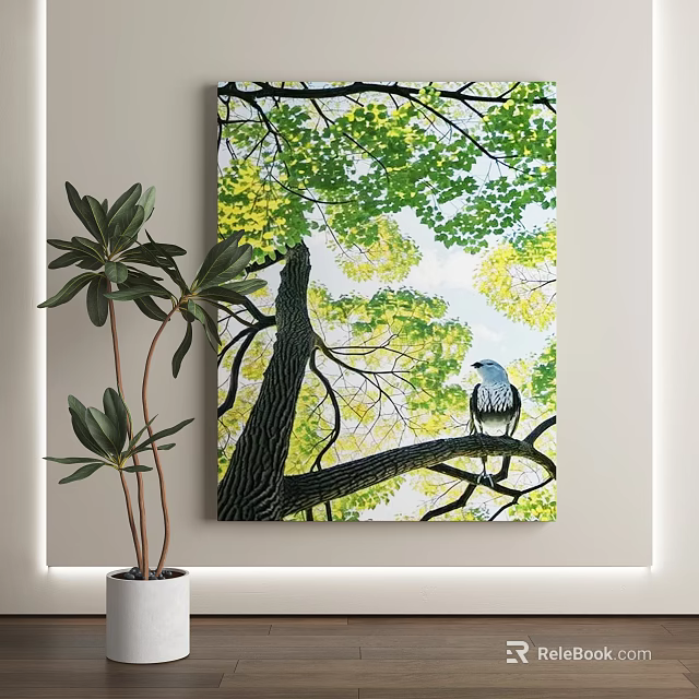 Scenic Landscape Painting With Tree And Perched Bird 3d model
