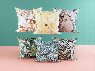 Colorful Botanical Print Decorative Pillows With Leaf Patterns On Green And Pink Background 3d model
