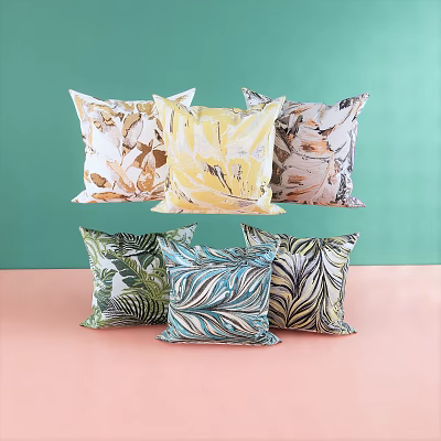 Colorful Botanical Print Decorative Pillows With Leaf Patterns On Green And Pink Background 3d model