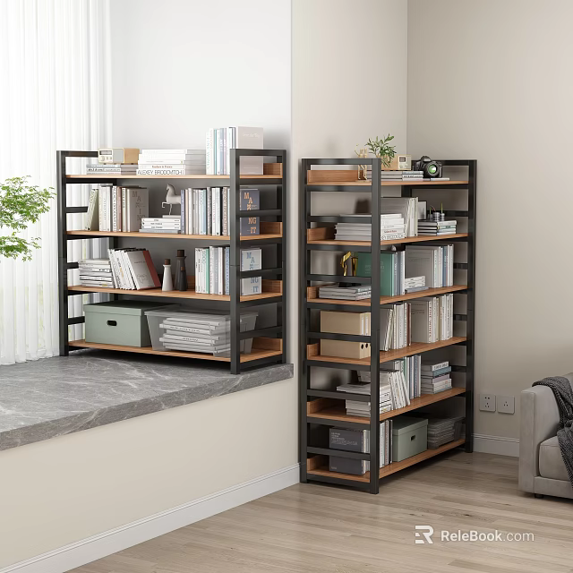 Open Multi Tier Storage Shelving Units With Books Boxes And Potted Plant In Living Room 3d model 
