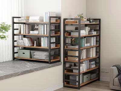 Open Multi Tier Storage Shelving Units With Books Boxes And Potted Plant In Living Room 3d model