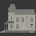 Victorian Style House Exterior Design With Gray Roof White Walls Porch Steps And Attic Window