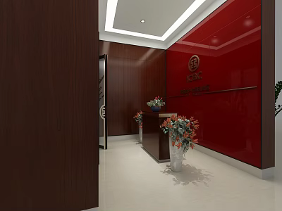 Stylish Front Reception Area With Red Wall Company Logo Flower Vase And Wooden Decor 3d model
