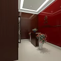 Stylish Front Reception Area With Red Wall Company Logo Flower Vase And Wooden Decor