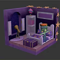 Cartoon Purple Themed Room With Star Decorations Starry Window Telescope And Cartoon Character On Bed
