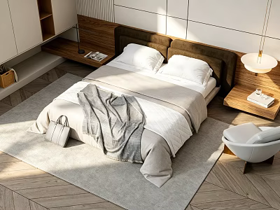 Modern Bedroom Interior With Cozy Bed White Pillows Gray Blanket Nightstands Table Lamp And Chair 3d model