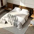Modern Bedroom Interior With Cozy Bed White Pillows Gray Blanket Nightstands Table Lamp And Chair