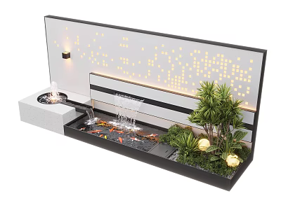 Modern Water Fountain Design With Illuminated Lights And Lush Green Plants 3d model