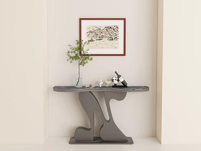 Modern Console Table Interior With Small Plant Decorative Items And Framed Artwork 3d model