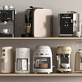 Various Modern Kitchen Appliances On Shelves Including Coffee Makers And Toasters 3d model