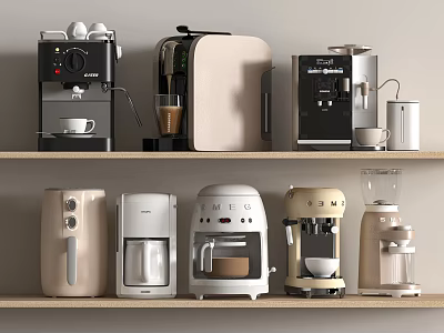 Various Modern Kitchen Appliances On Shelves Including Coffee Makers And Toasters 3d model