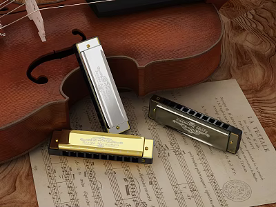 Musical Instruments Collection Featuring Wooden Violin Metal Harmonicas And Vintage Sheet Music 3d model
