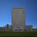 Modern Hospital Office Building Exterior With Glass Curtain Wall Stone Facade And Red Cross Sign