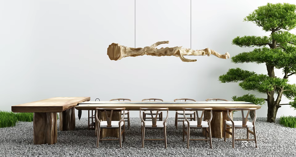 Modern Wooden Dining Table Set With Hanging Branch Light And Green Plants Decoration 3d model 