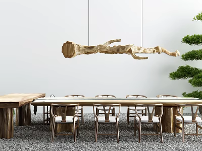 Modern Wooden Dining Table Set With Hanging Branch Light And Green Plants Decoration 3d model