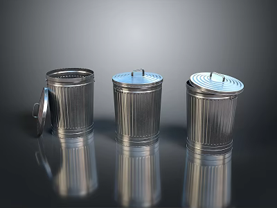 Silver Striped Stainless Steel Trash Cans with Open Lid for Household Supplies on Reflective Surface 3d model