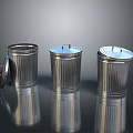 Silver Striped Stainless Steel Trash Cans with Open Lid for Household Supplies on Reflective Surface