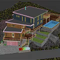 Detached Villa With Blue And Brown Exterior Wooden Deck Swimming Pool On Hillside