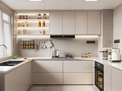 Modern Kitchen Interior Design With Light Cabinets Open Shelves Countertop And Appliances 3d model