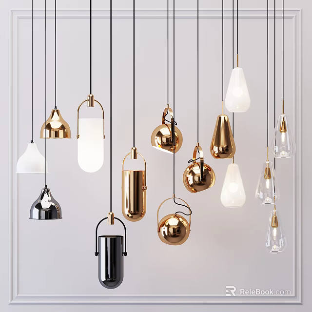 Modern Stylish Pendant Lights With Gold White Glass Designs And Various Shapes For Interior Decor 3d model 