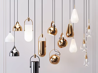 Modern Stylish Pendant Lights With Gold White Glass Designs And Various Shapes For Interior Decor 3d model