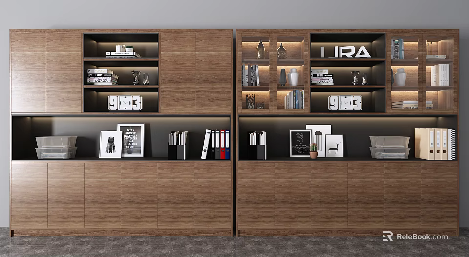 Modern Wooden Bookcase Interior With Multiple Shelves Books Decorative Items And Picture Frames 3d model 