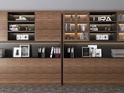 Modern Wooden Bookcase Interior With Multiple Shelves Books Decorative Items And Picture Frames 3d model