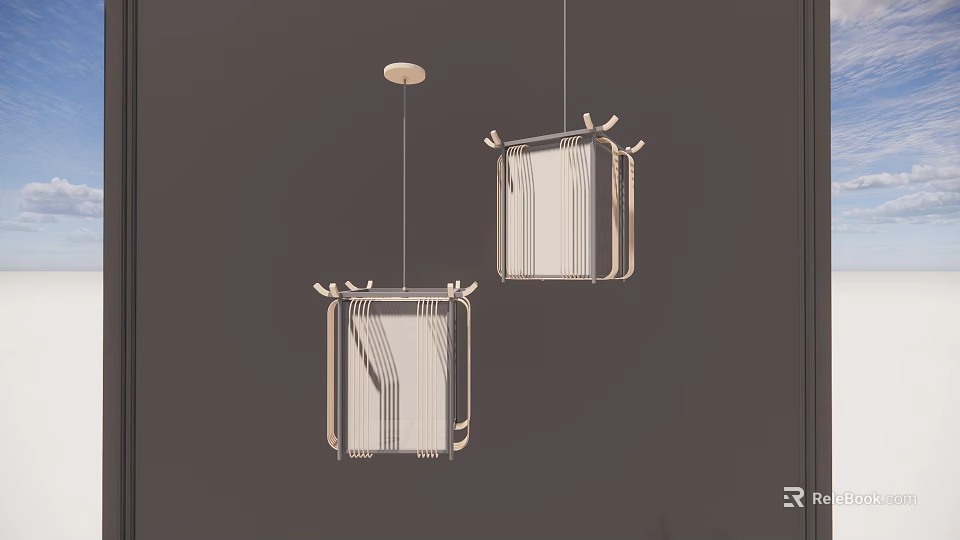 Sleek Modern Square Shaped Double Hanging Chandeliers With Metallic Frame And Transparent Panels 3d model 